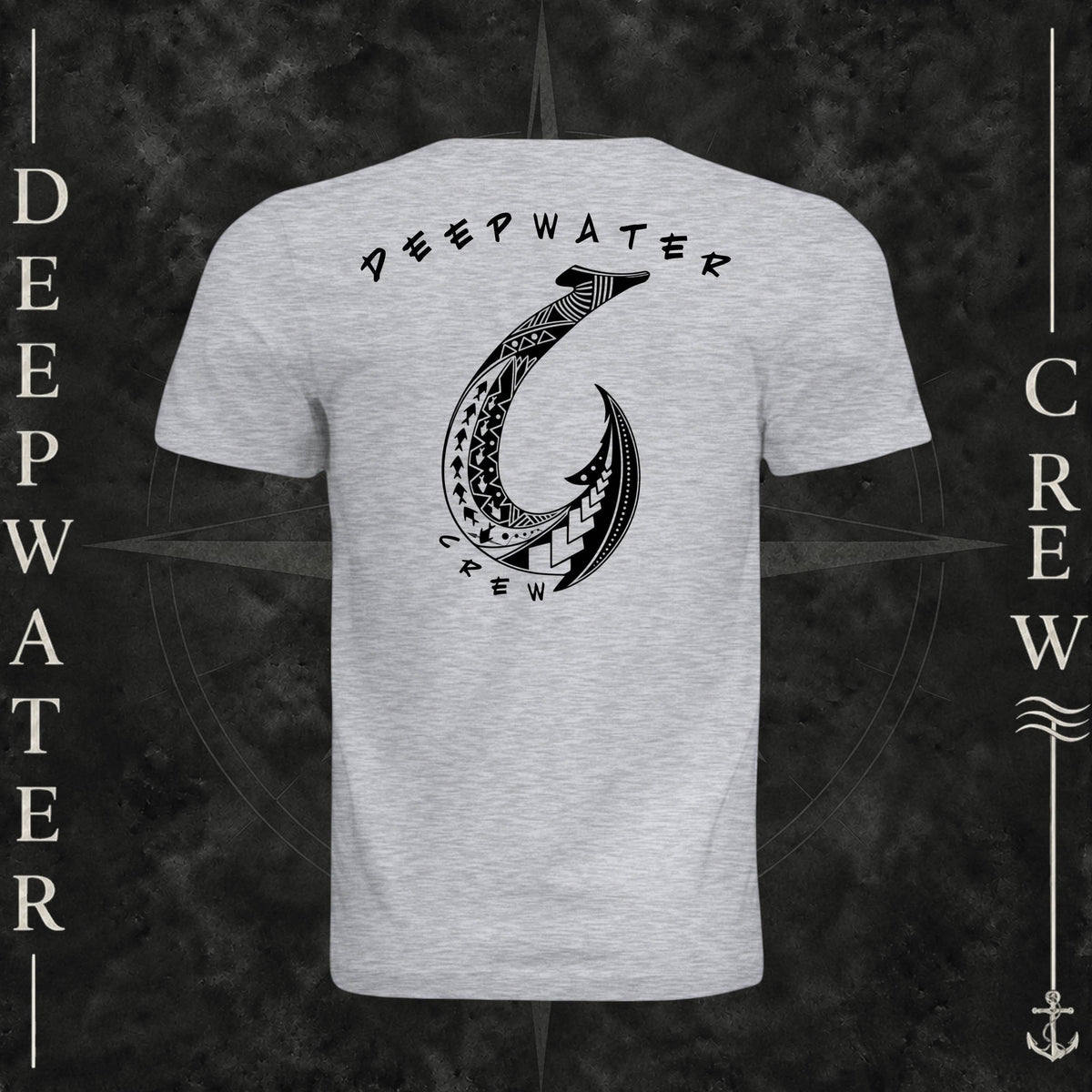Ash Deepwater Crew Co. Hooked crewneck T-shirt, back view with large tribal-style fish hook graphic and Deepwater Crew lettering.