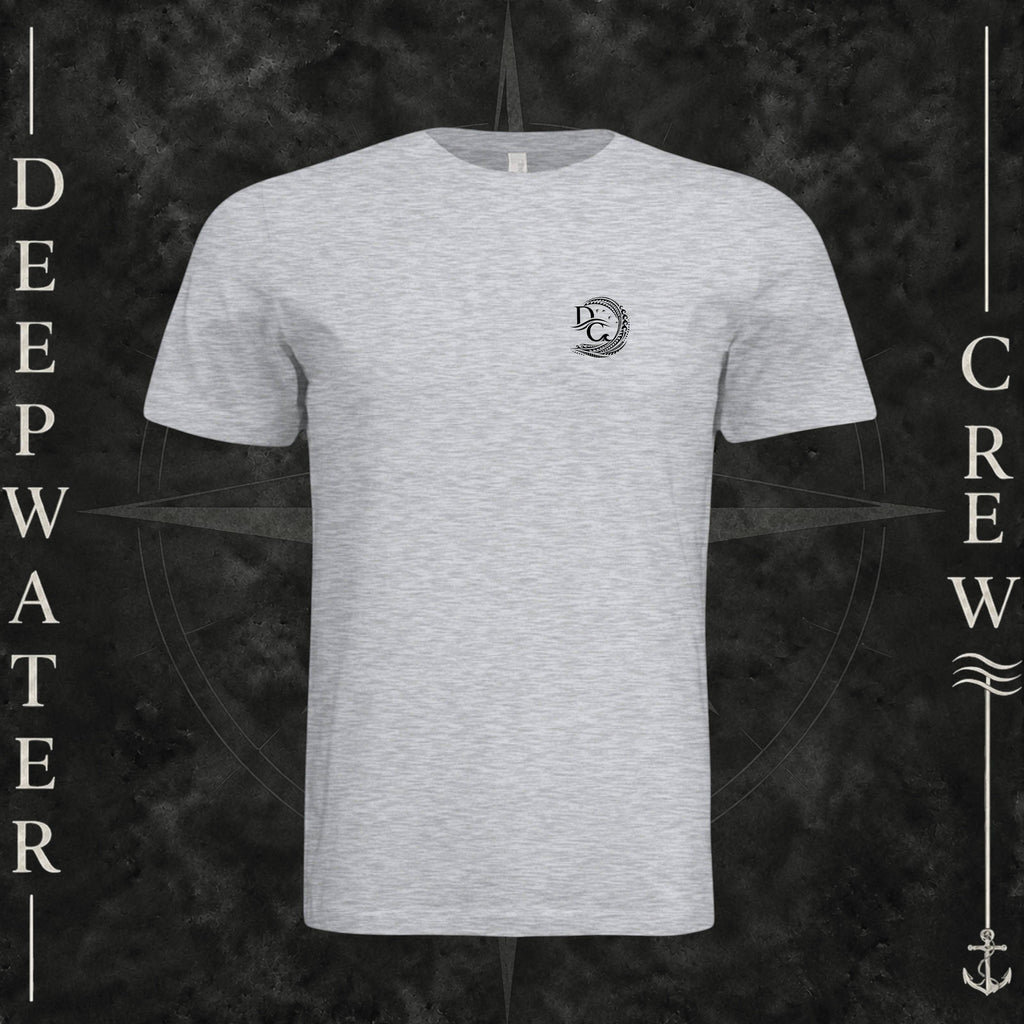 Ash Deepwater Crew Co. Hooked crewneck T-shirt, front view with small DC wave crest chest logo.