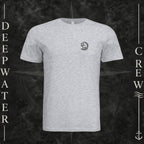 Ash Deepwater Crew Co. Hooked crewneck T-shirt, front view with small DC wave crest chest logo.