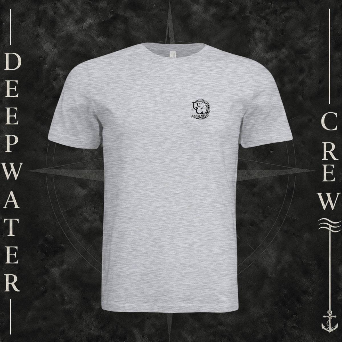 Ash Deepwater Crew Co. Hooked crewneck T-shirt, front view with small DC wave crest chest logo.