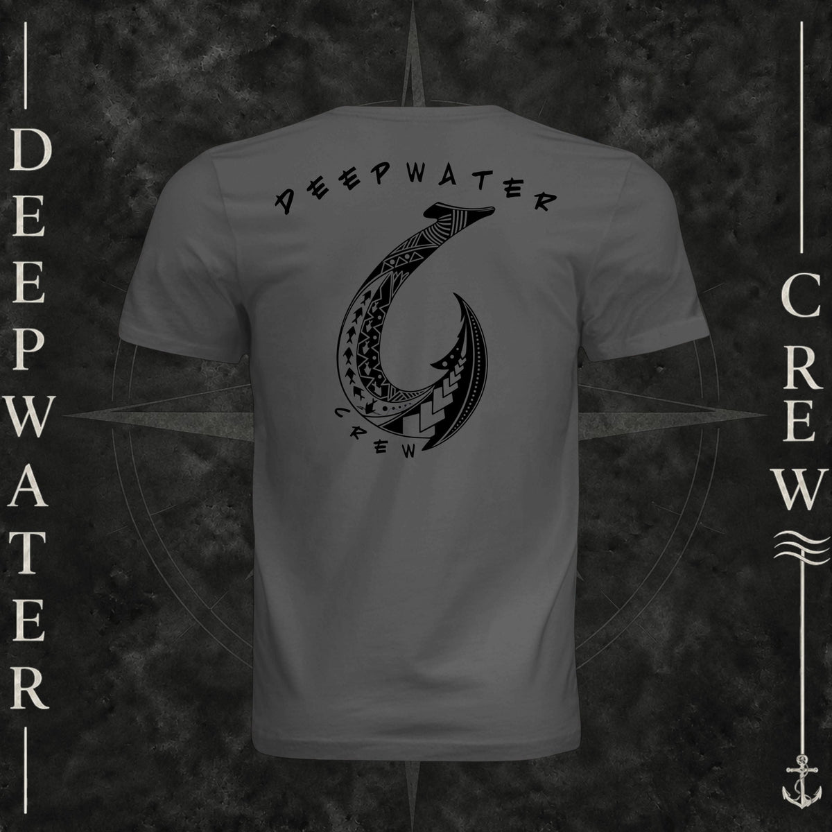 Asphalt Deepwater Crew Co. Hooked crewneck T-shirt, back view with large tribal-style fish hook graphic and Deepwater Crew lettering.