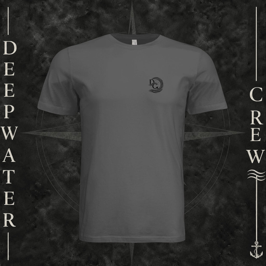 Asphalt Deepwater Crew Co. Hooked crewneck T-shirt, front view with small DC wave crest chest logo.