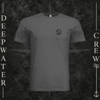 Asphalt Deepwater Crew Co. Hooked crewneck T-shirt, front view with small DC wave crest chest logo.