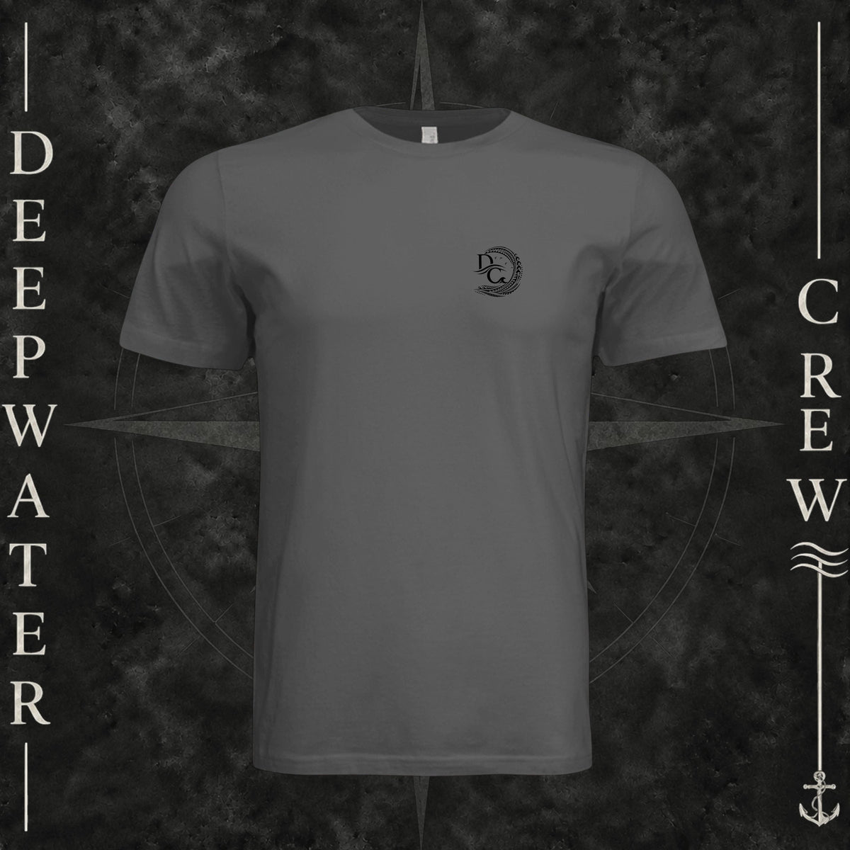 Asphalt Deepwater Crew Co. Hooked crewneck T-shirt, front view with small DC wave crest chest logo.