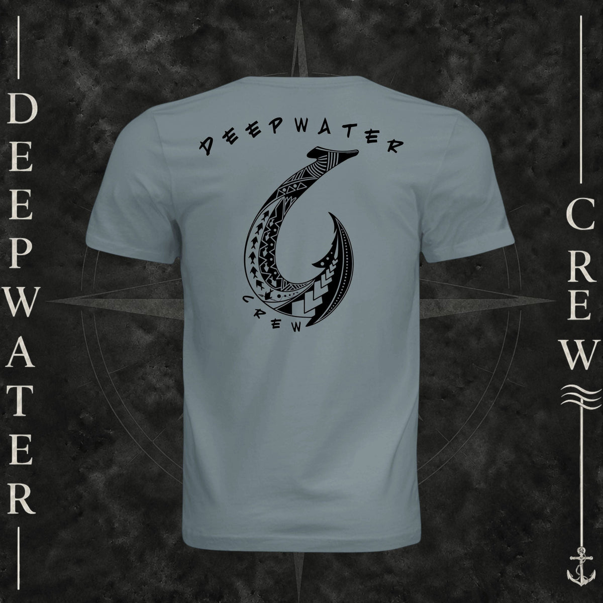 Blue Storm Deepwater Crew Co. Hooked crewneck T-shirt, back view with large tribal-style fish hook graphic and Deepwater Crew lettering.