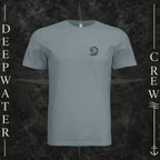 Blue Storm Deepwater Crew Co. Hooked crewneck T-shirt, front view with small DC wave crest chest logo.