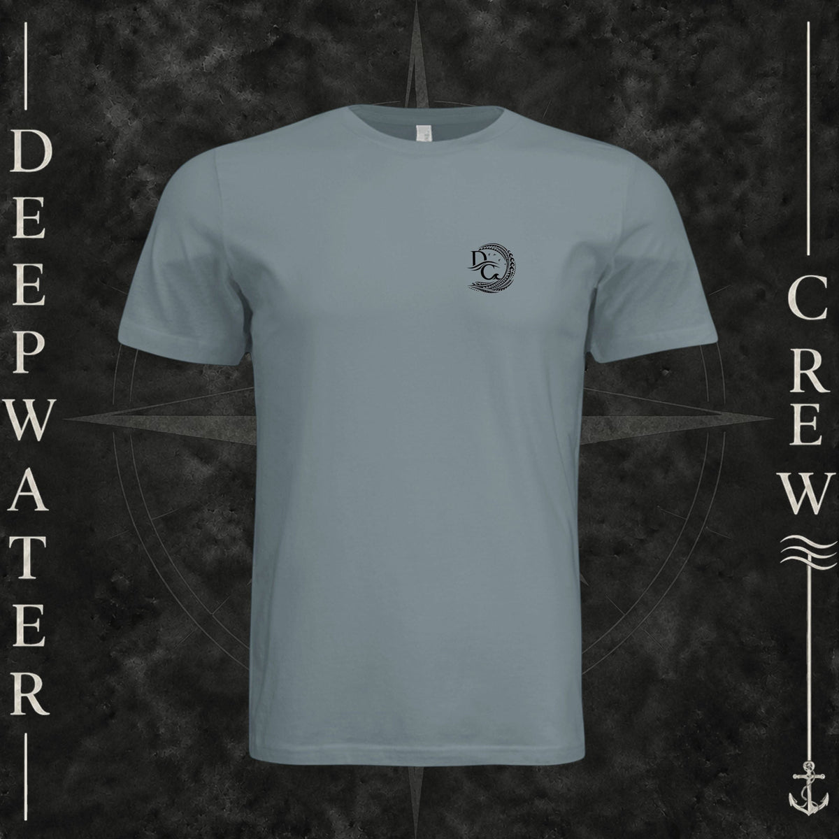 Blue Storm Deepwater Crew Co. Hooked crewneck T-shirt, front view with small DC wave crest chest logo.