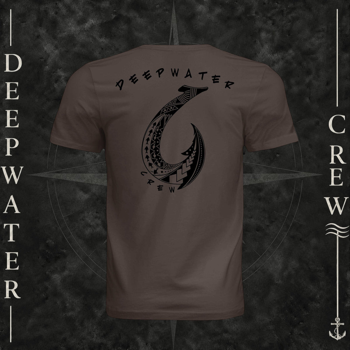 Brown Deepwater Crew Co. Hooked crewneck T-shirt, back view with large tribal-style fish hook graphic and Deepwater Crew lettering.