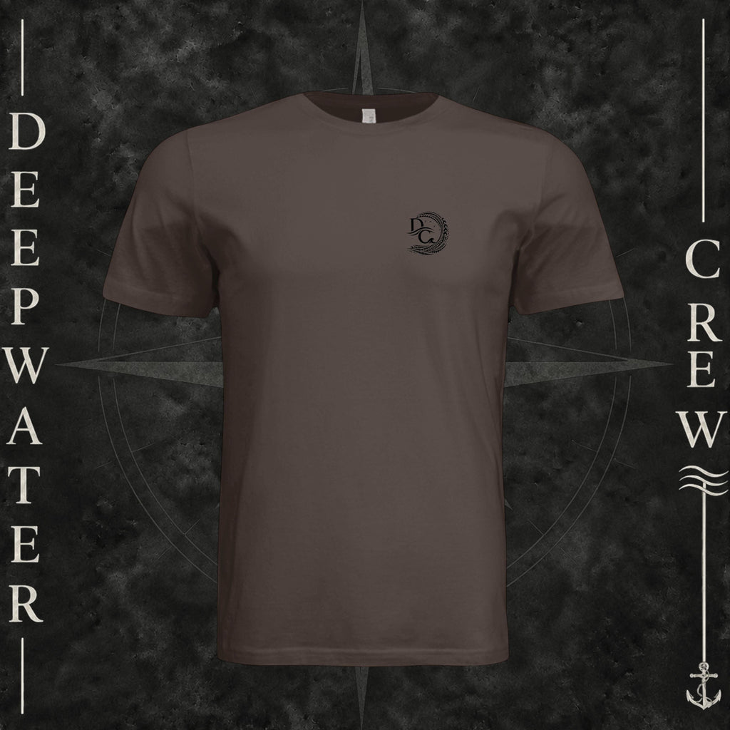 Brown Deepwater Crew Co. Hooked crewneck T-shirt, front view with small DC wave crest chest logo.