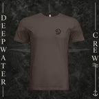 Brown Deepwater Crew Co. Hooked crewneck T-shirt, front view with small DC wave crest chest logo.