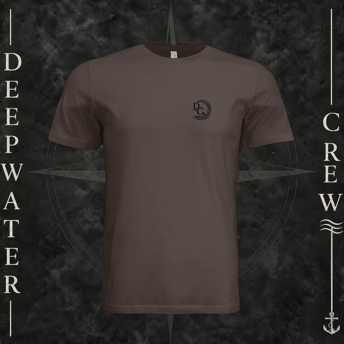 Brown Deepwater Crew Co. Hooked crewneck T-shirt, front view with small DC wave crest chest logo.
