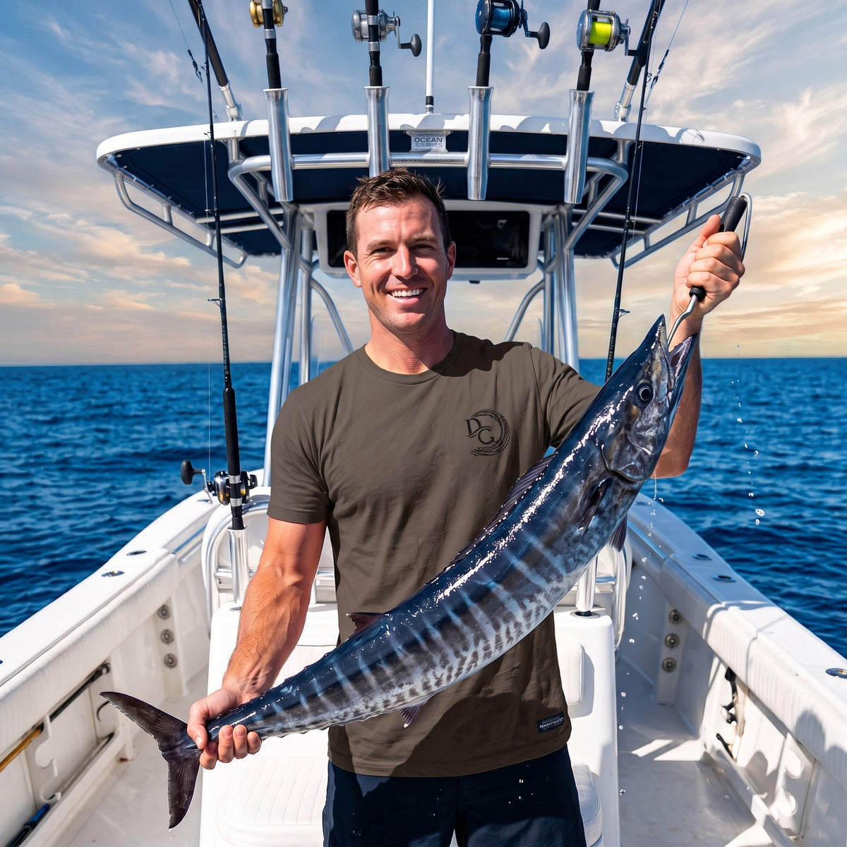 Deepwater Crew Co. Hooked T-shirt in brown cotton worn by a man holding a large wahoo fish on a sport fishing boat.