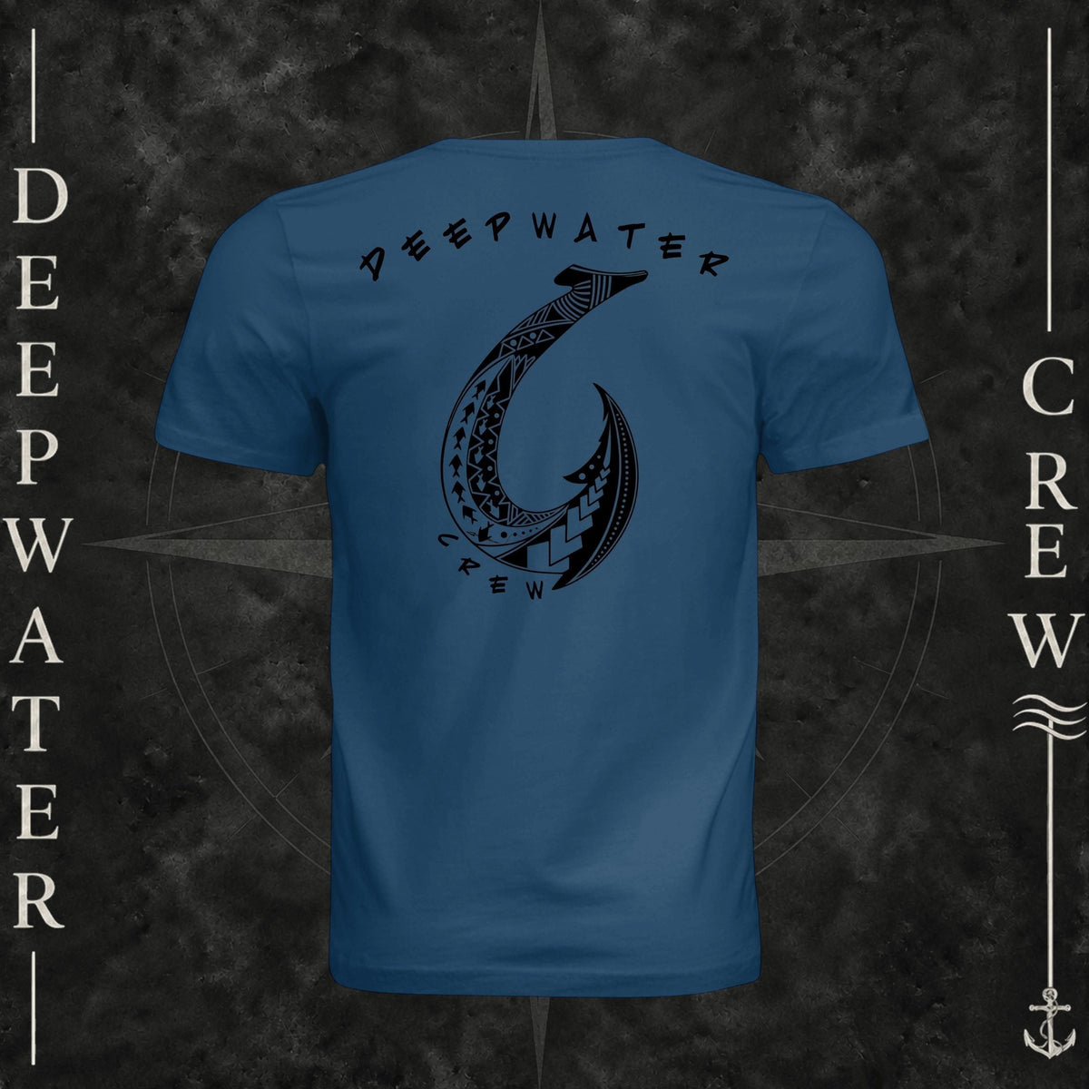 Cool Blue Deepwater Crew Co. Hooked crewneck T-shirt, back view with large tribal-style fish hook graphic and Deepwater Crew lettering.
