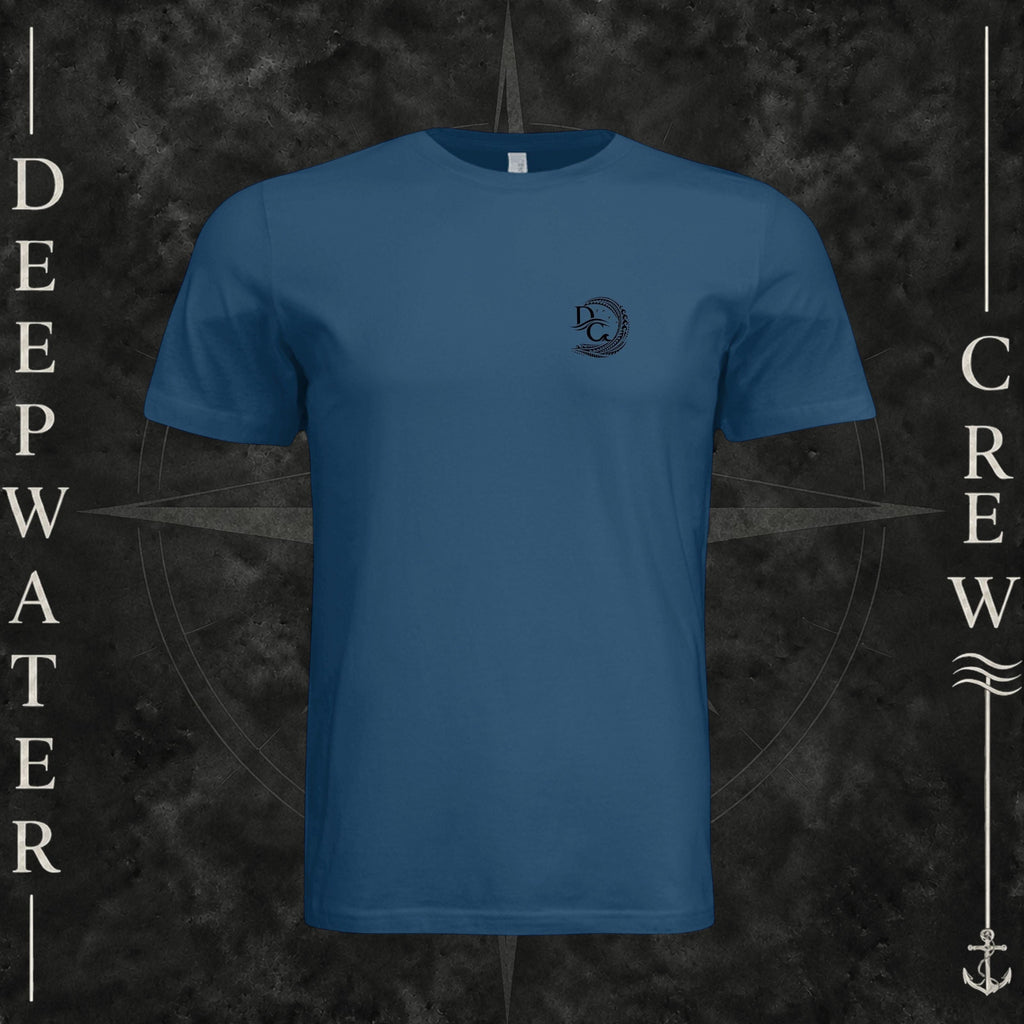 Cool Blue Deepwater Crew Co. Hooked crewneck T-shirt, front view with small DC wave crest chest logo.