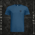 Cool Blue Deepwater Crew Co. Hooked crewneck T-shirt, front view with small DC wave crest chest logo.