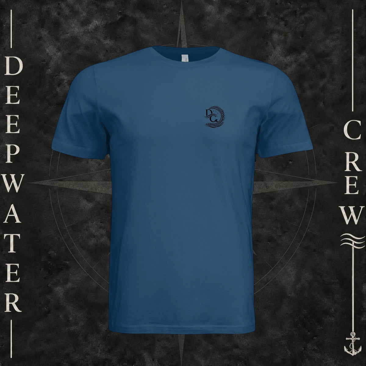 Cool Blue Deepwater Crew Co. Hooked crewneck T-shirt, front view with small DC wave crest chest logo.
