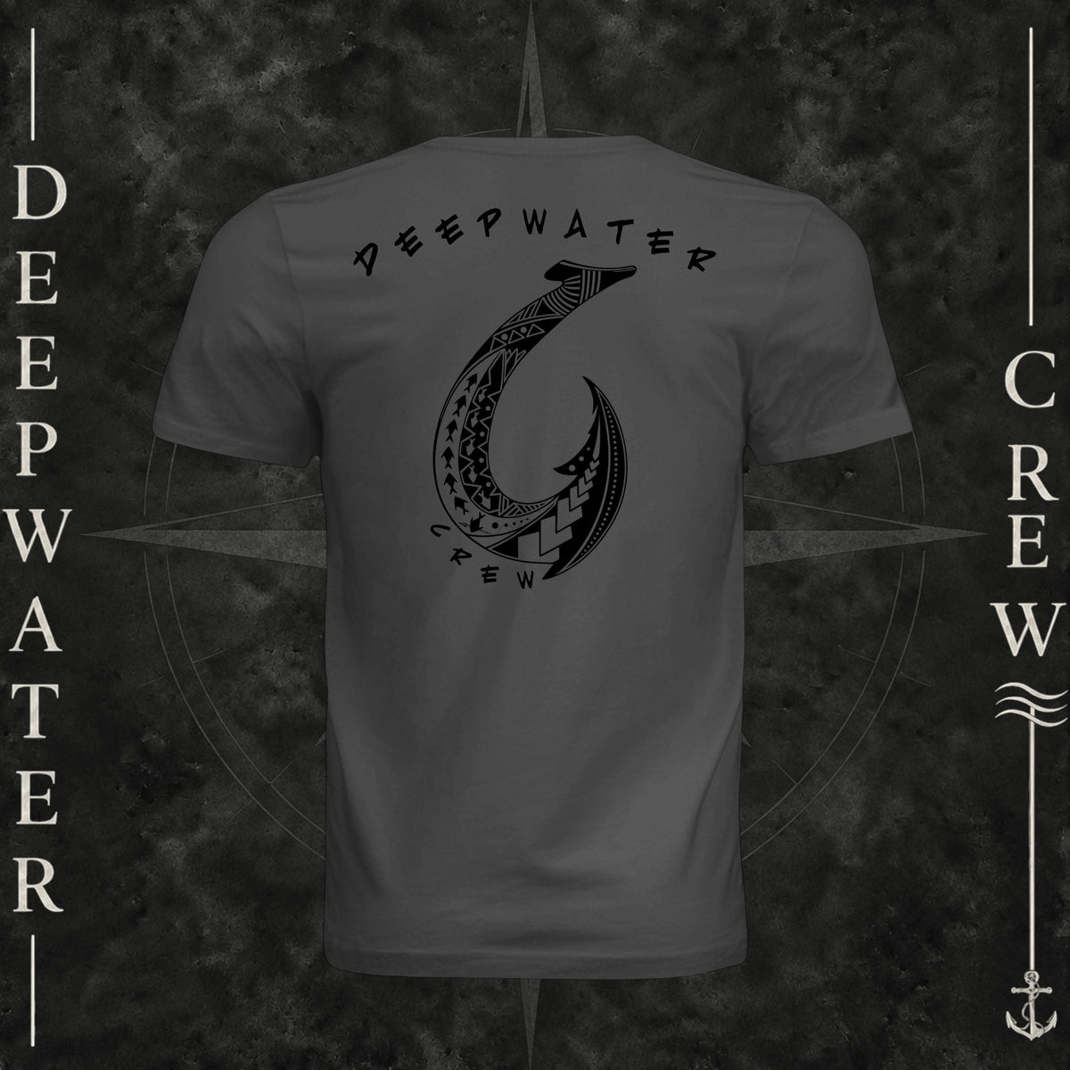 Dark Gray Deepwater Crew Co. Hooked crewneck T-shirt, back view with large tribal-style fish hook graphic and Deepwater Crew lettering.