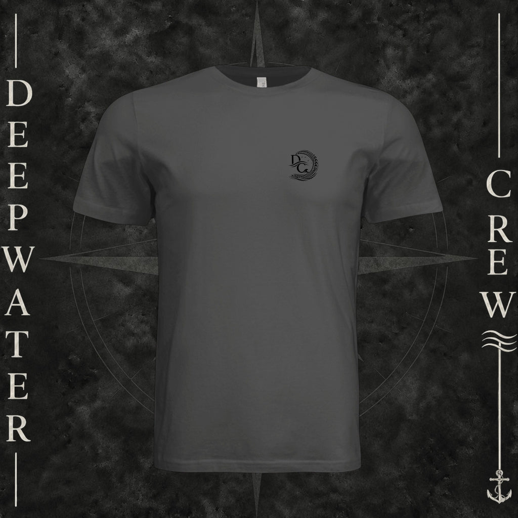 Dark Gray Deepwater Crew Co. Hooked crewneck T-shirt, front view with small DC wave crest chest logo.