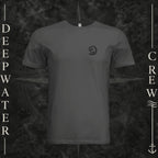 Dark Gray Deepwater Crew Co. Hooked crewneck T-shirt, front view with small DC wave crest chest logo.