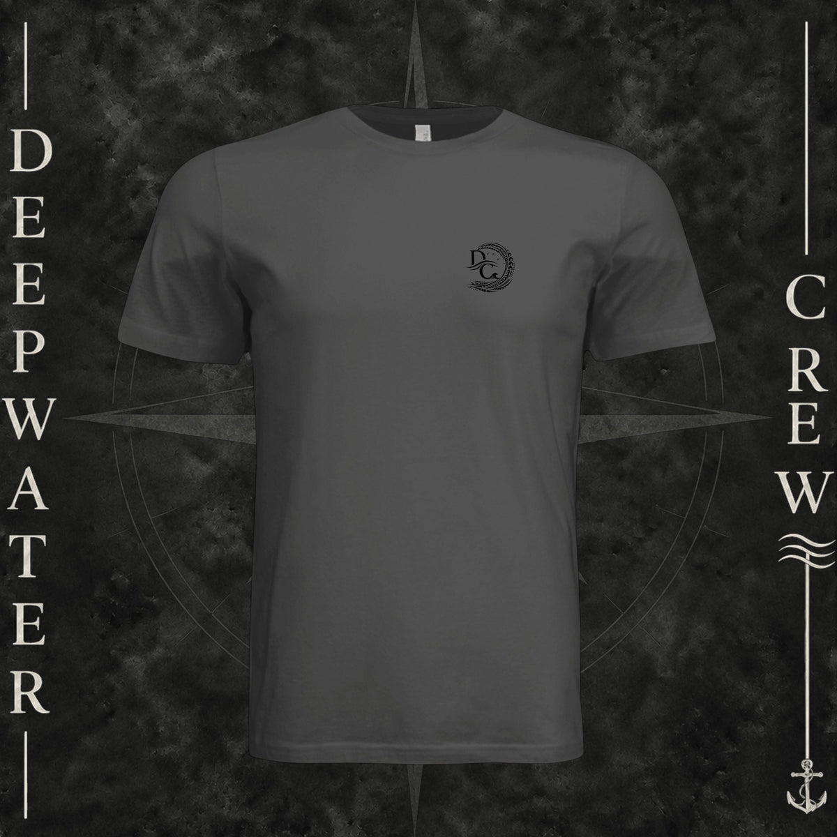 Dark Gray Deepwater Crew Co. Hooked crewneck T-shirt, front view with small DC wave crest chest logo.