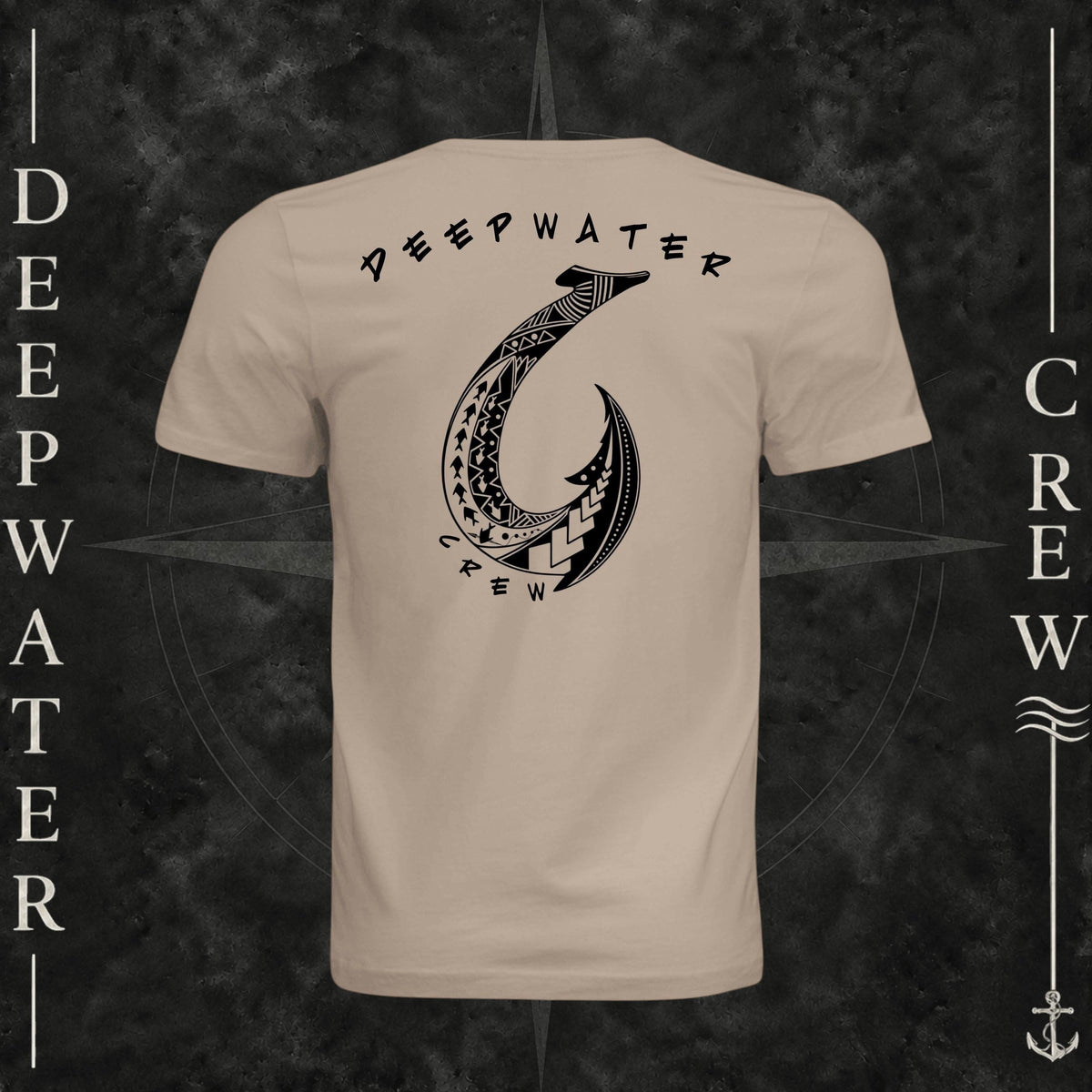 Dust Deepwater Crew Co. Hooked crewneck T-shirt, back view with large tribal-style fish hook graphic and Deepwater Crew lettering.