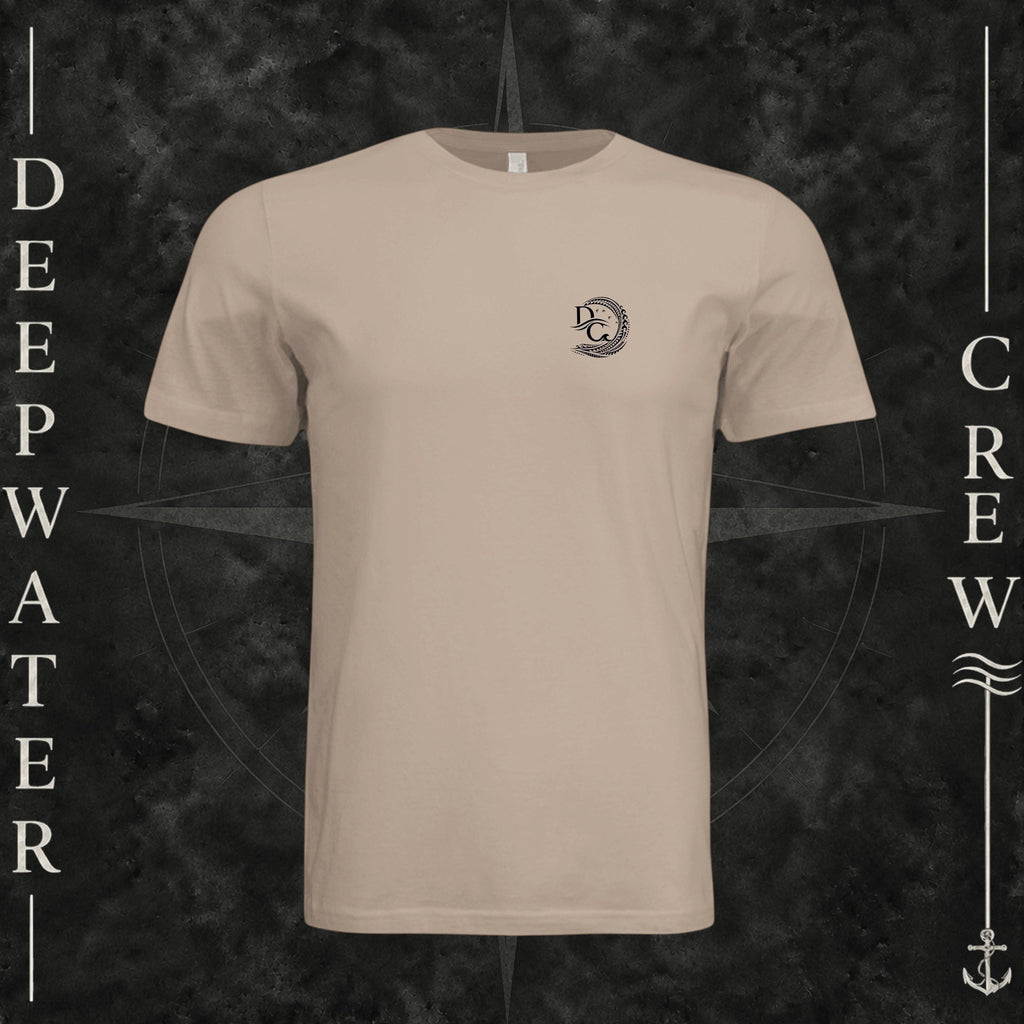 Dust Deepwater Crew Co. Hooked crewneck T-shirt, front view with small DC wave crest chest logo.