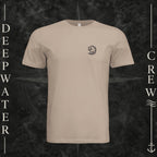 Dust Deepwater Crew Co. Hooked crewneck T-shirt, front view with small DC wave crest chest logo.