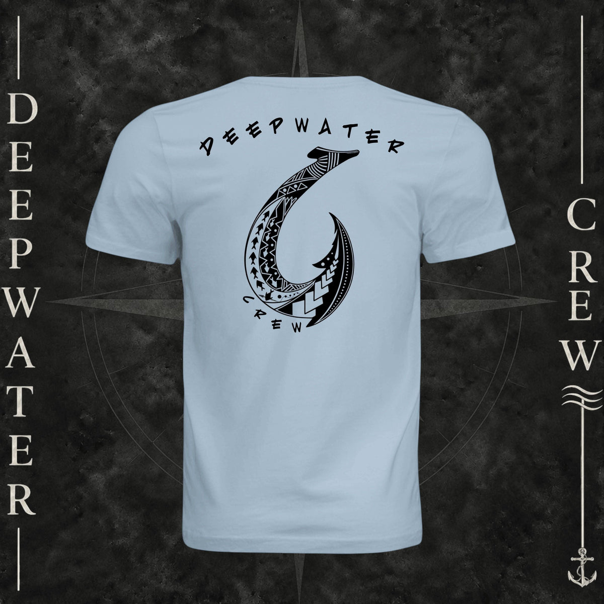 Light Blue Deepwater Crew Co. Hooked crewneck T-shirt, back view with large tribal-style fish hook graphic and Deepwater Crew lettering.