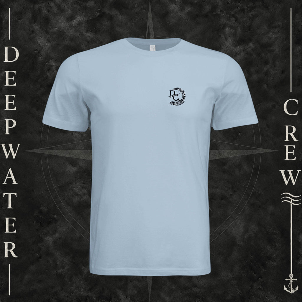 Light Blue Deepwater Crew Co. Hooked crewneck T-shirt, front view with small DC wave crest chest logo.