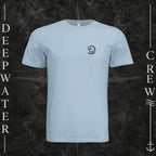 Light Blue Deepwater Crew Co. Hooked crewneck T-shirt, front view with small DC wave crest chest logo.