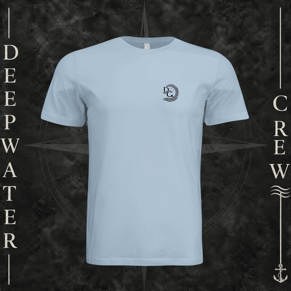Light Blue Deepwater Crew Co. Hooked crewneck T-shirt, front view with small DC wave crest chest logo.