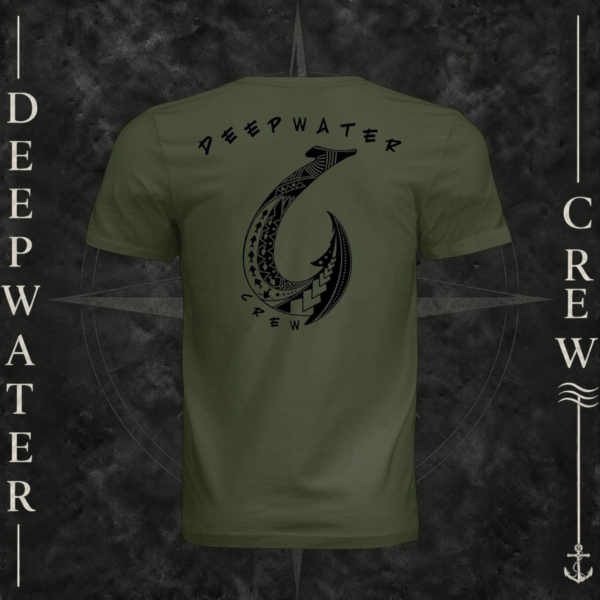 Military Green Deepwater Crew Co. Hooked crewneck T-shirt, back view with large tribal-style fish hook graphic and Deepwater Crew lettering.
