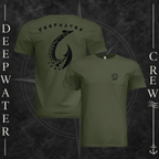 Military Green Deepwater Crew Co. Hooked crewneck T-shirt showing front and back views, with small DC wave chest logo and large hook design surrounded by current and game fish with Deepwater Crew lettering.