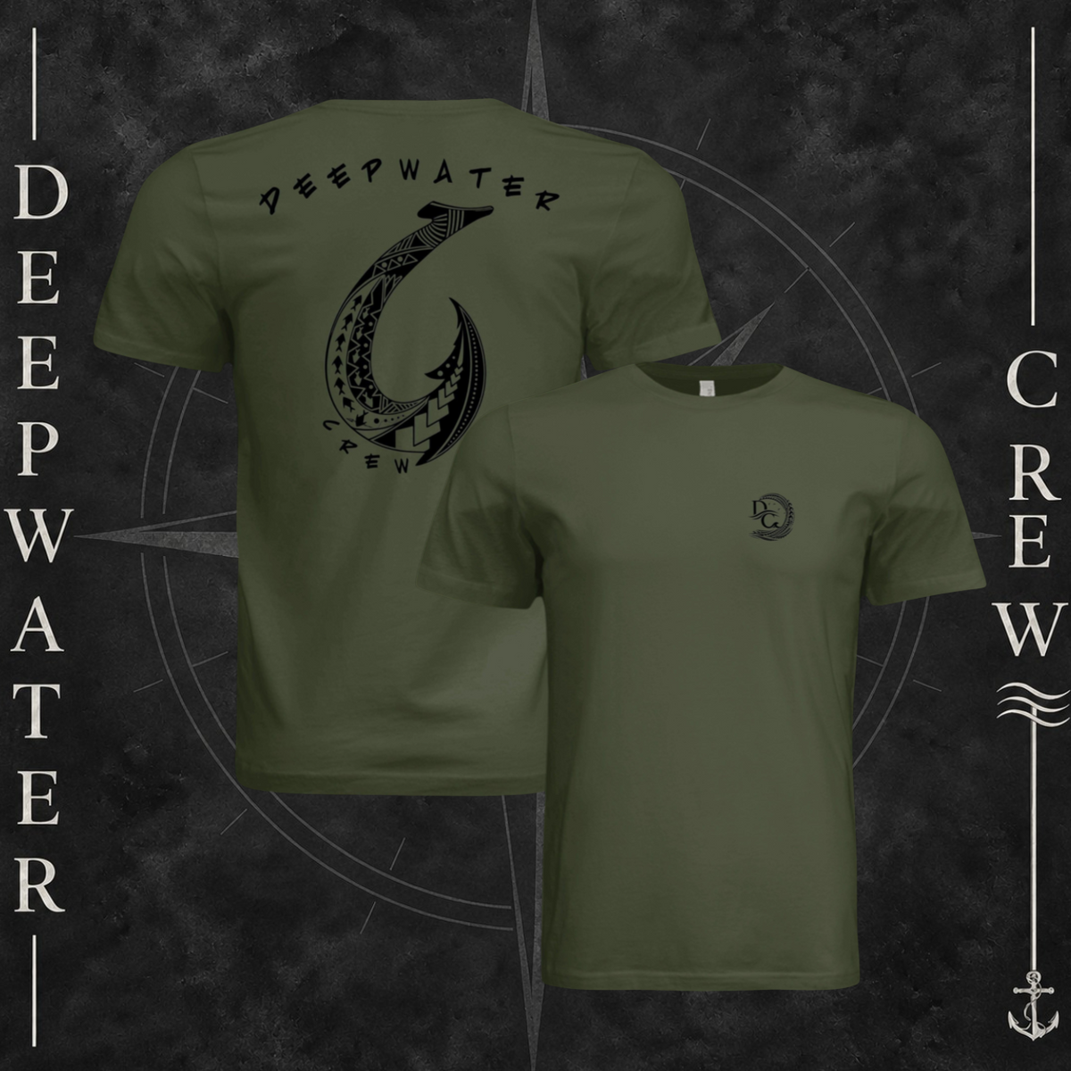 Military Green Deepwater Crew Co. Hooked crewneck T-shirt showing front and back views, with small DC wave chest logo and large hook design surrounded by current and game fish with Deepwater Crew lettering.