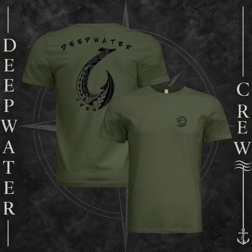 Military Green Deepwater Crew Co. Hooked crewneck T-shirt showing front and back views, with small DC wave chest logo and large hook design surrounded by current and game fish with Deepwater Crew lettering.