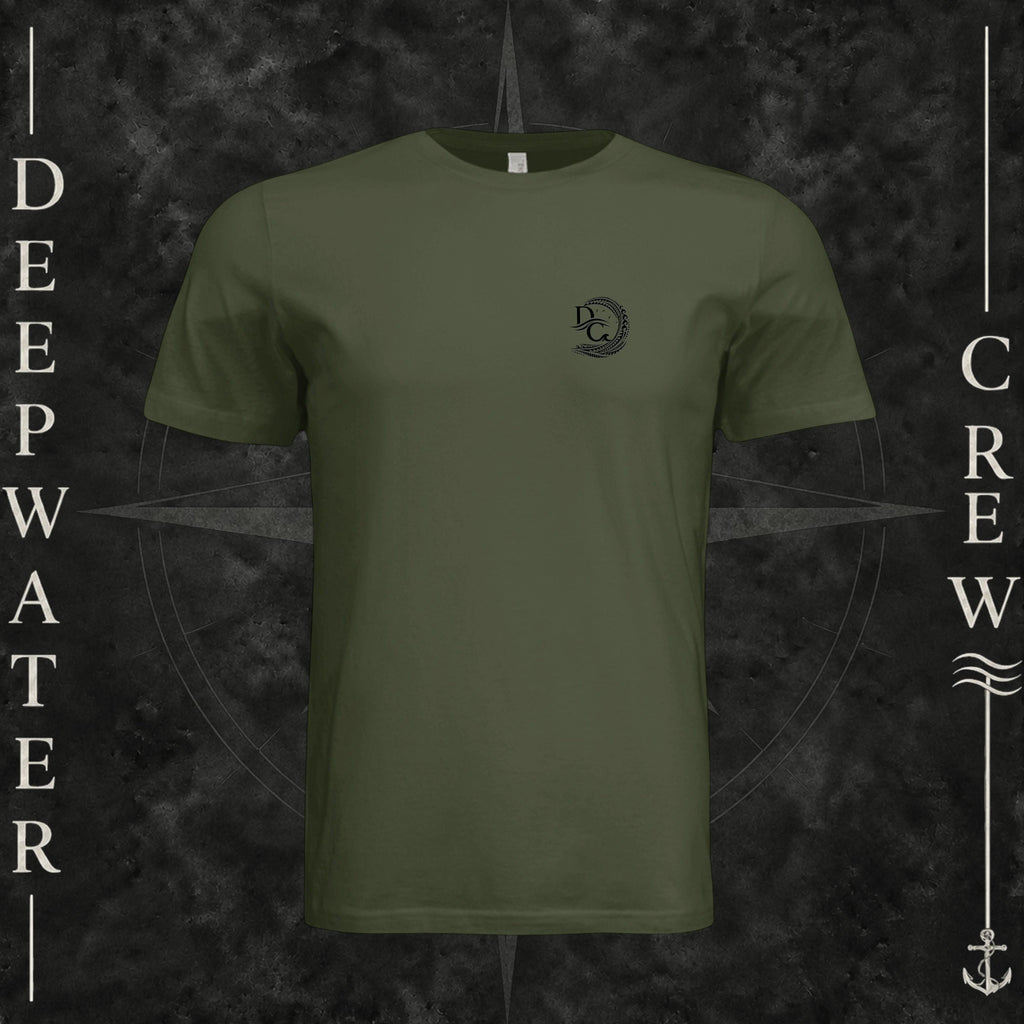 Military Green Deepwater Crew Co. Hooked crewneck T-shirt, front view with small DC wave crest chest logo.