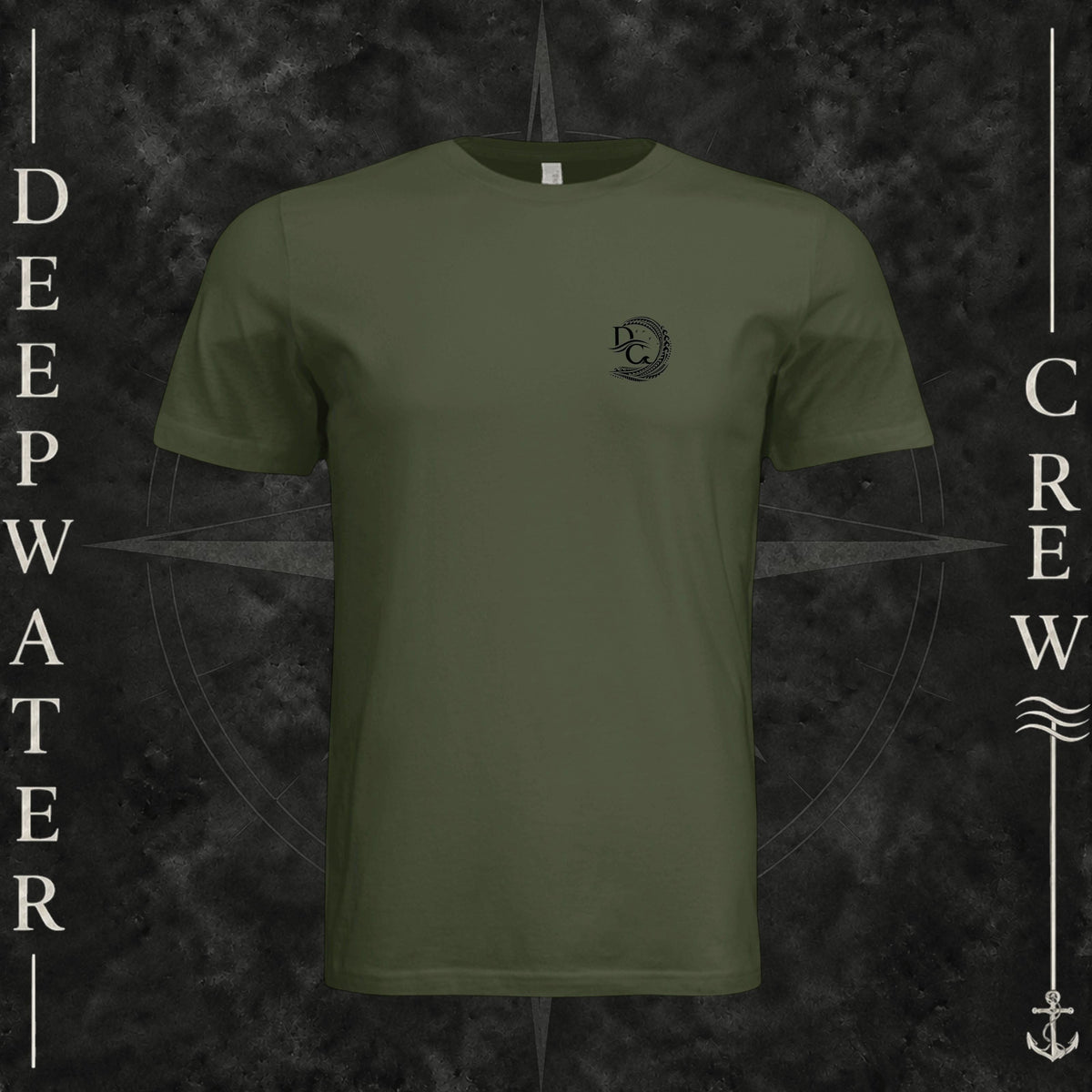Military Green Deepwater Crew Co. Hooked crewneck T-shirt, front view with small DC wave crest chest logo.