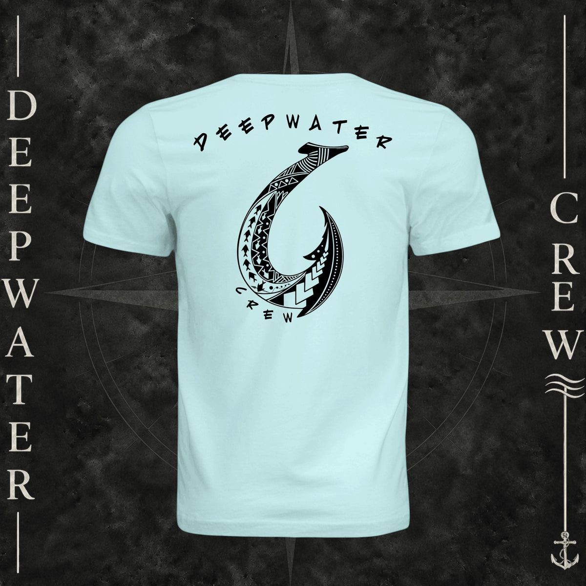 Mint Green Deepwater Crew Co. Hooked crewneck T-shirt, back view with large tribal-style fish hook graphic and Deepwater Crew lettering.