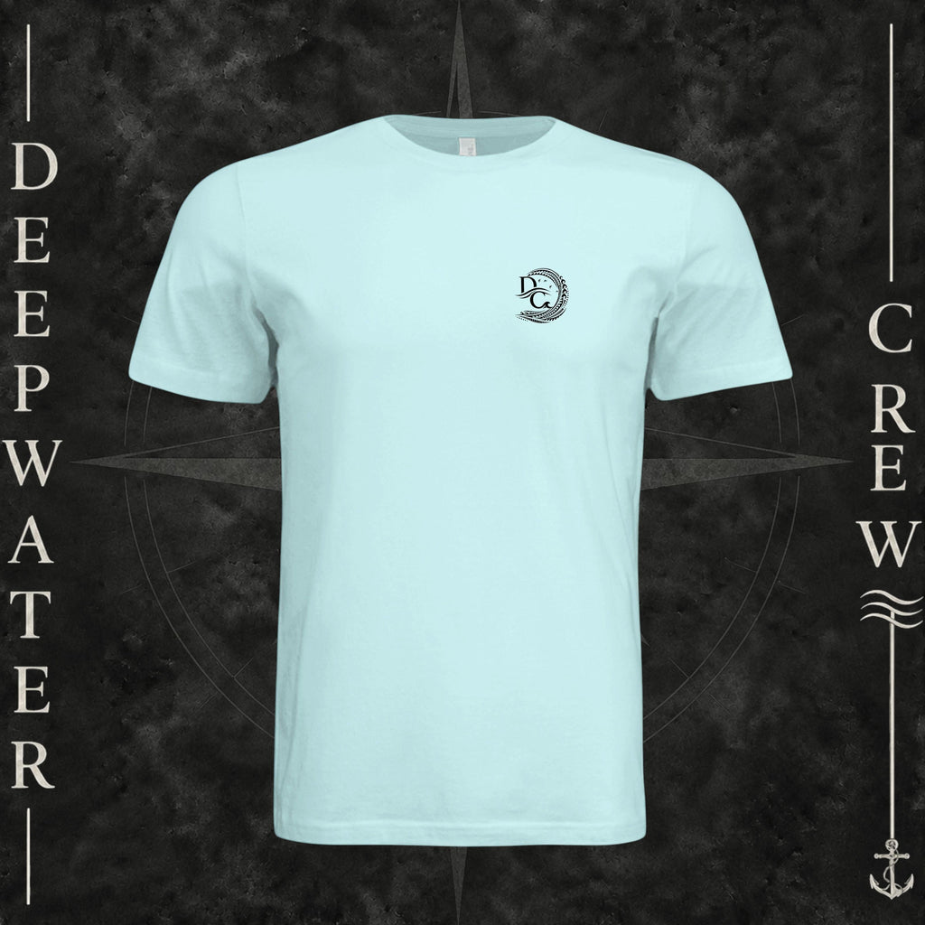 Mint Green Deepwater Crew Co. Hooked crewneck T-shirt, front view with small DC wave crest chest logo.