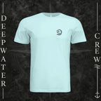 Mint Green Deepwater Crew Co. Hooked crewneck T-shirt, front view with small DC wave crest chest logo.