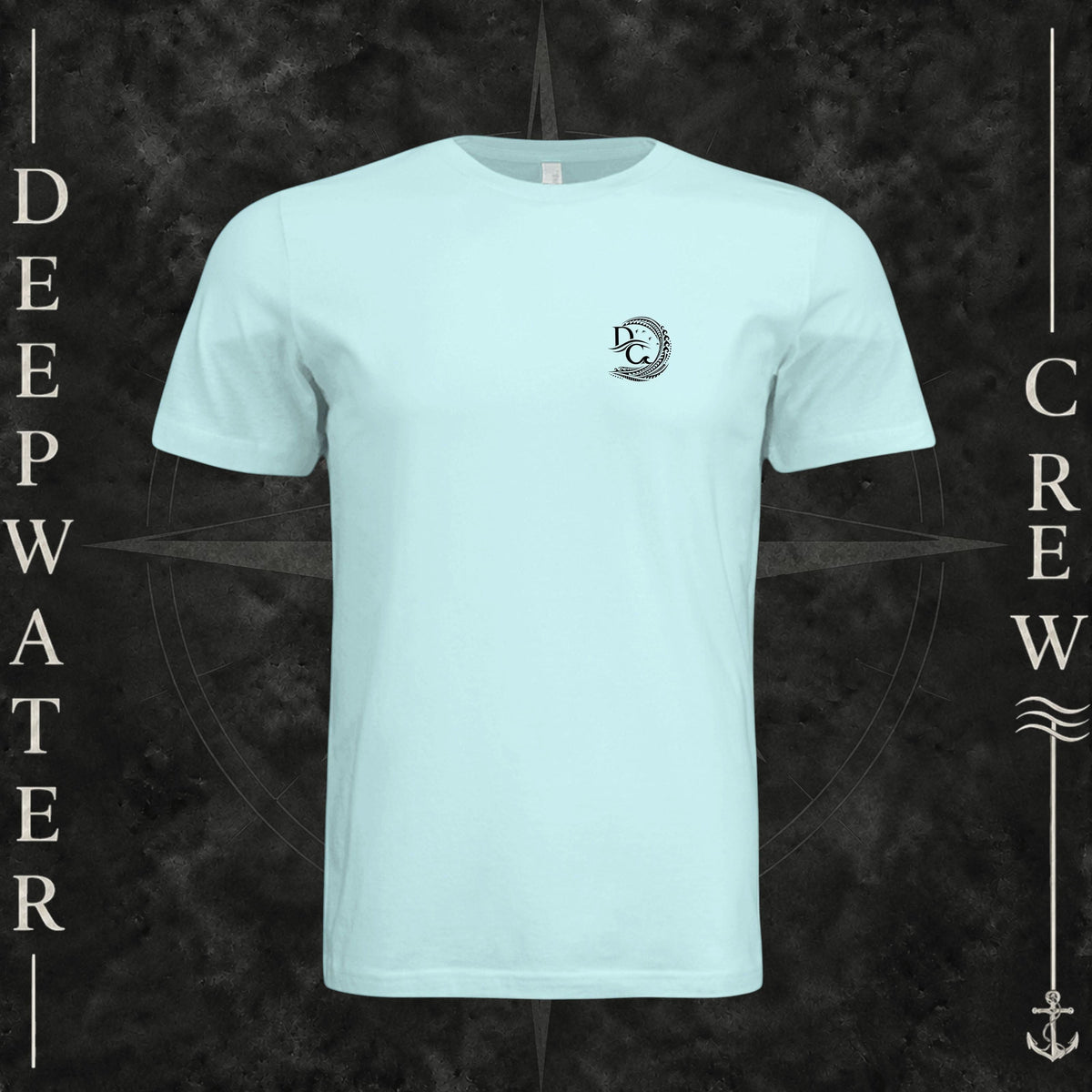 Mint Green Deepwater Crew Co. Hooked crewneck T-shirt, front view with small DC wave crest chest logo.