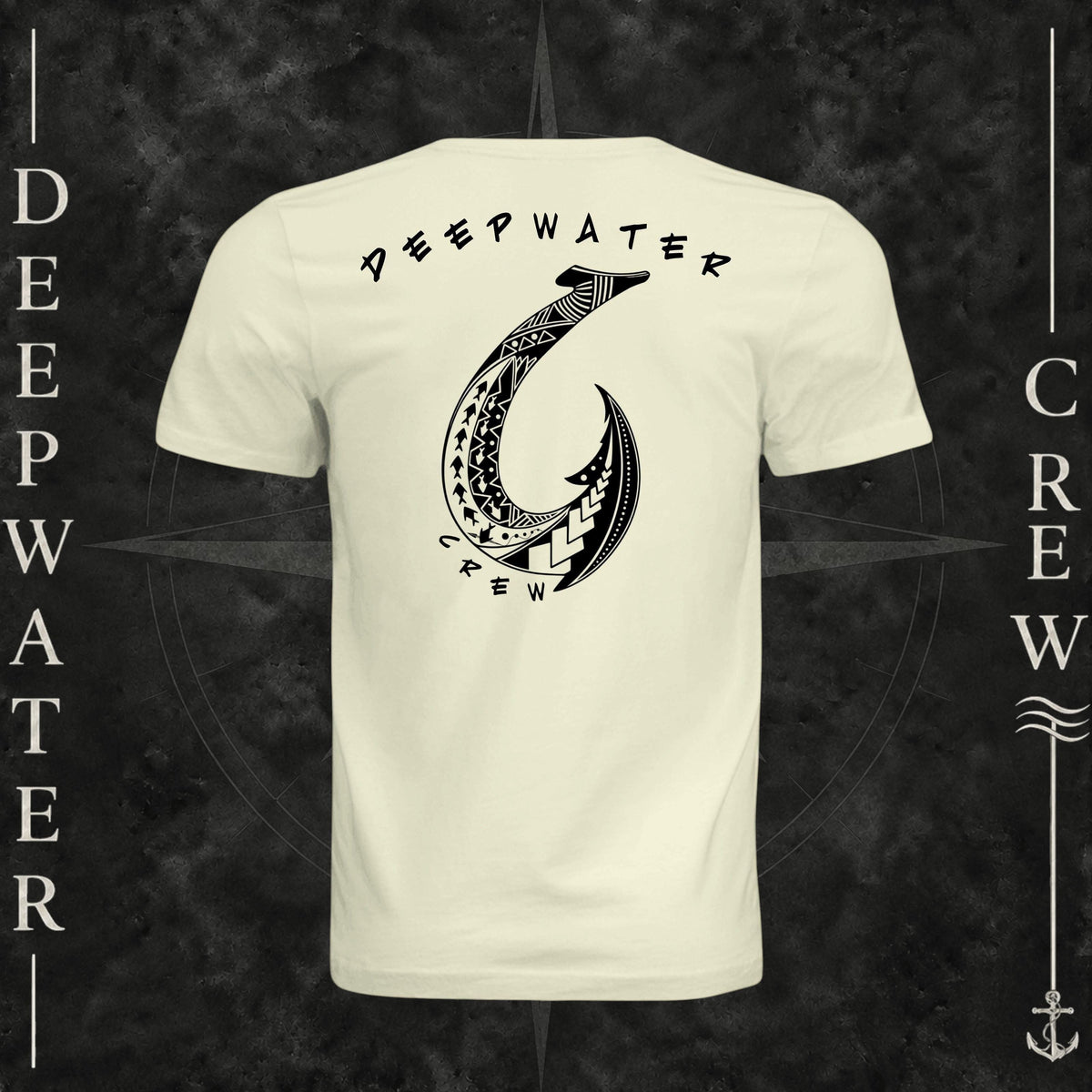 Natural Deepwater Crew Co. Hooked crewneck T-shirt, back view with large tribal-style fish hook graphic and Deepwater Crew lettering.