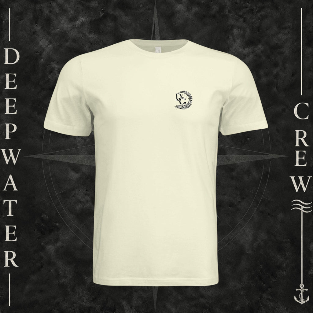 Natural Deepwater Crew Co. Hooked crewneck T-shirt, front view with small DC wave crest chest logo.