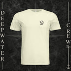 Natural Deepwater Crew Co. Hooked crewneck T-shirt, front view with small DC wave crest chest logo.