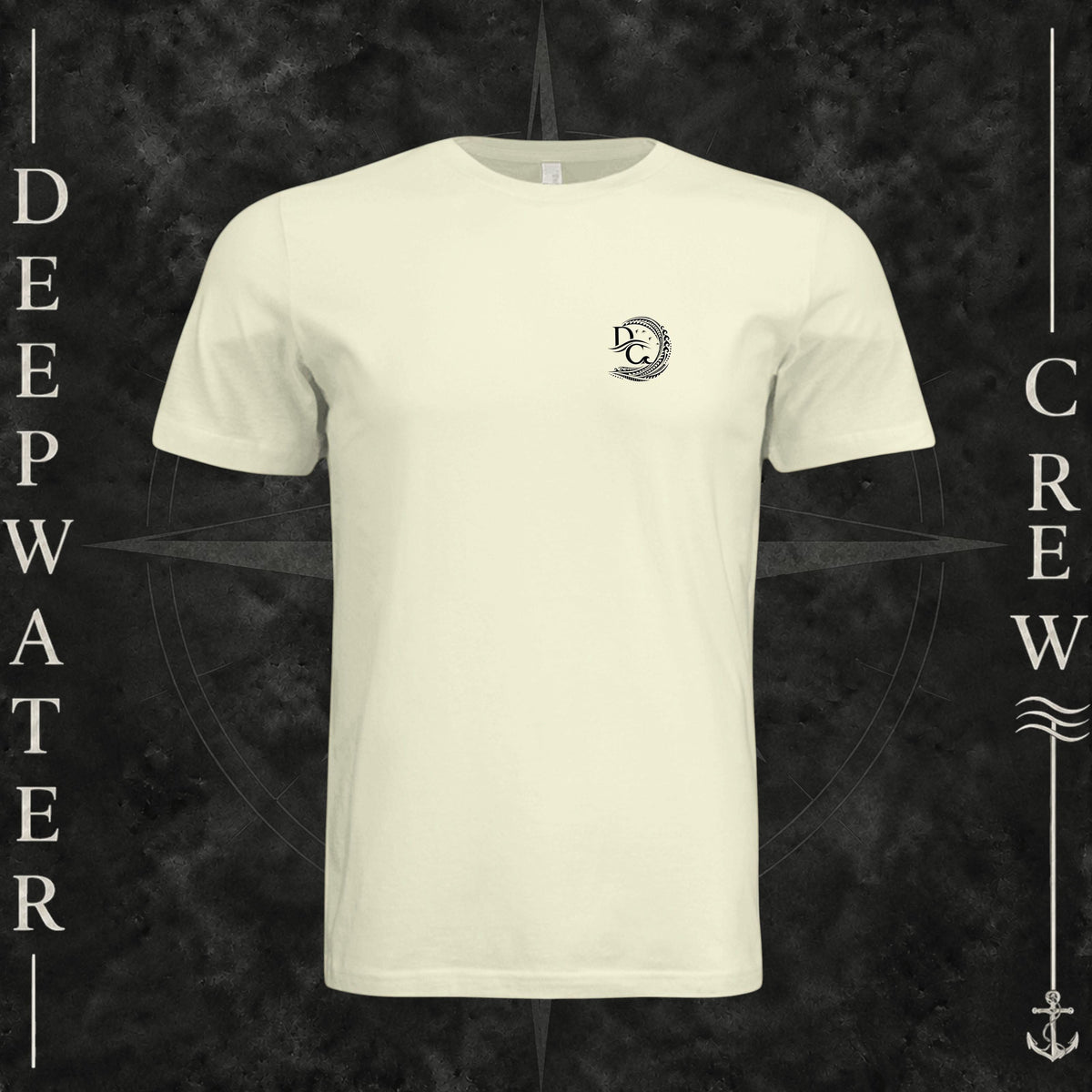 Natural Deepwater Crew Co. Hooked crewneck T-shirt, front view with small DC wave crest chest logo.