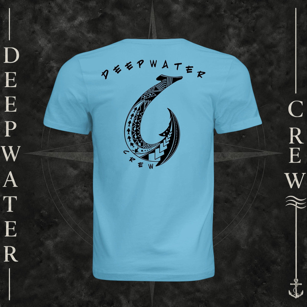 Ocean Blue Deepwater Crew Co. Hooked crewneck T-shirt, back view with large tribal-style fish hook graphic and Deepwater Crew lettering.