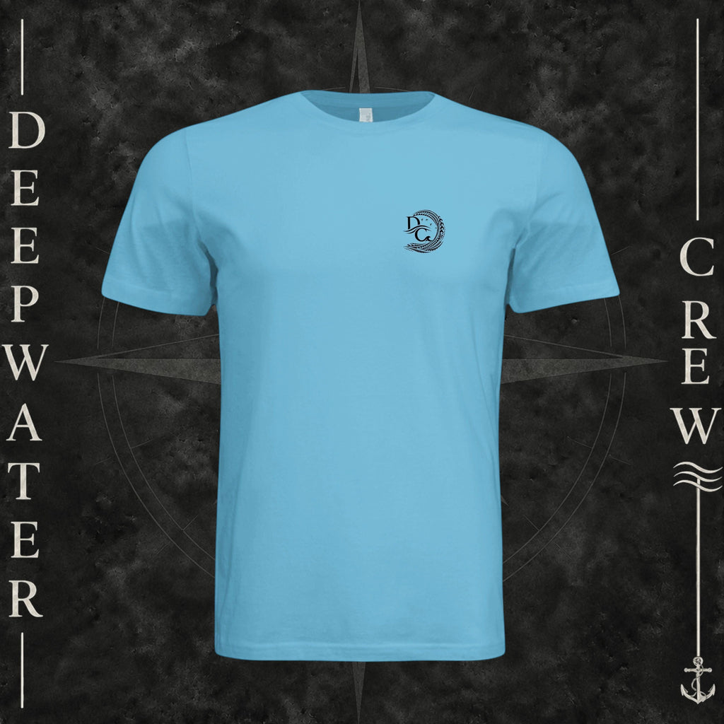 Ocean Blue Deepwater Crew Co. Hooked crewneck T-shirt, front view with small DC wave crest chest logo.