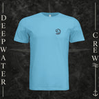 Ocean Blue Deepwater Crew Co. Hooked crewneck T-shirt, front view with small DC wave crest chest logo.
