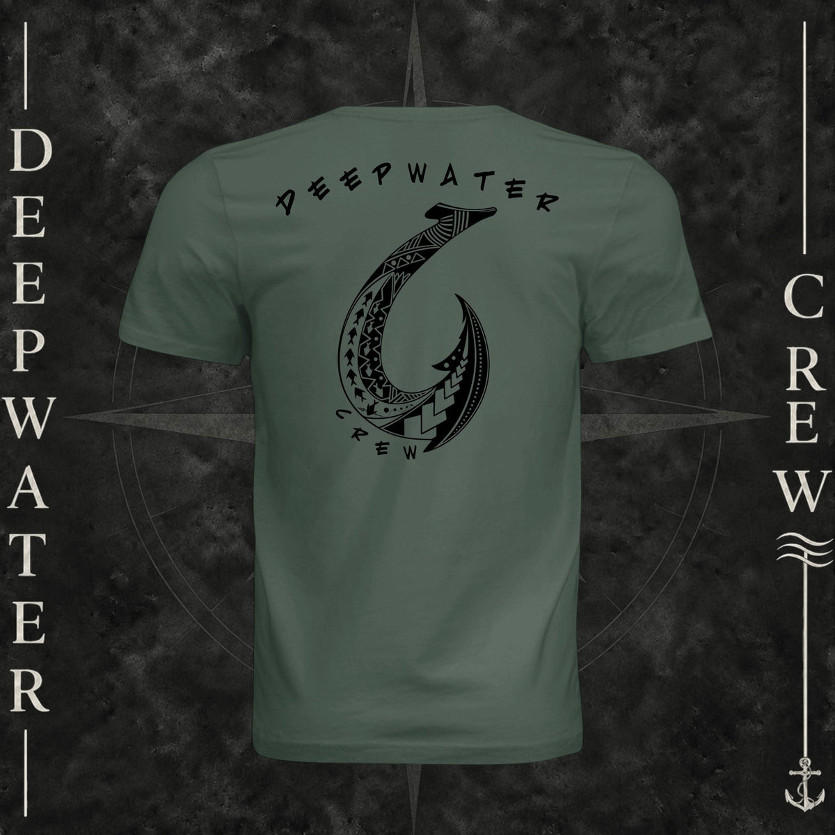 Pine Deepwater Crew Co. Hooked crewneck T-shirt, back view with large tribal-style fish hook graphic and Deepwater Crew lettering.