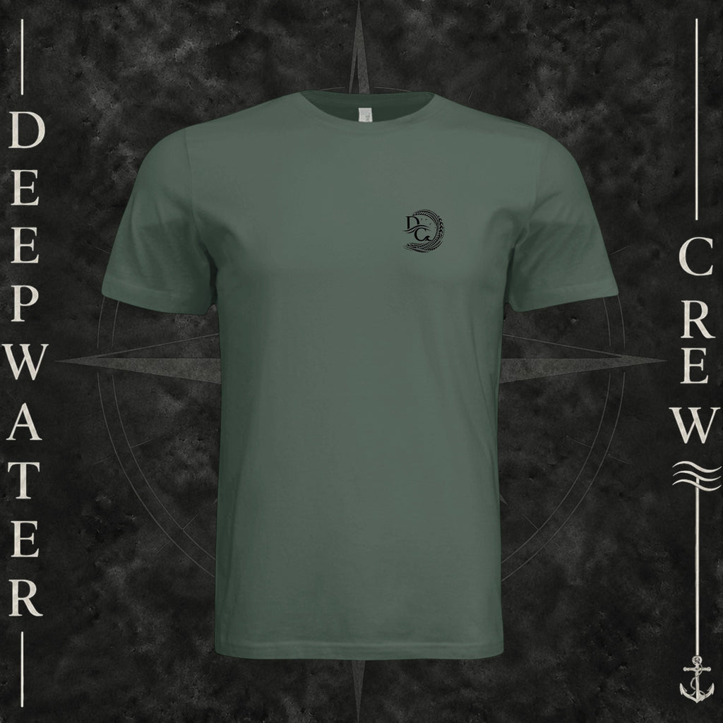 Pine Deepwater Crew Co. Hooked crewneck T-shirt, front view with small DC wave crest chest logo.